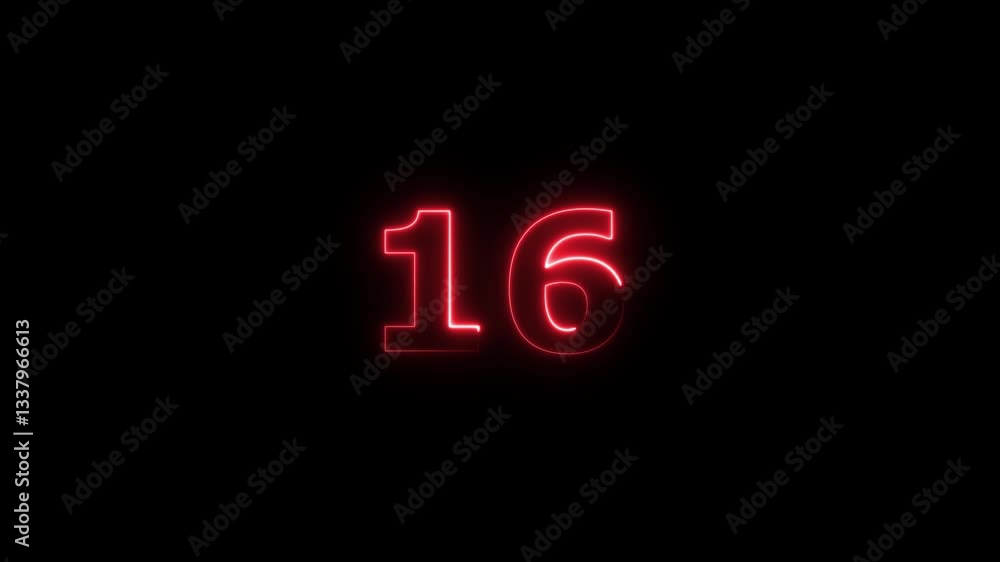 Poster neon text 16 number countdown icon background 4k animation .neon number 16 with alpha channel, neon 