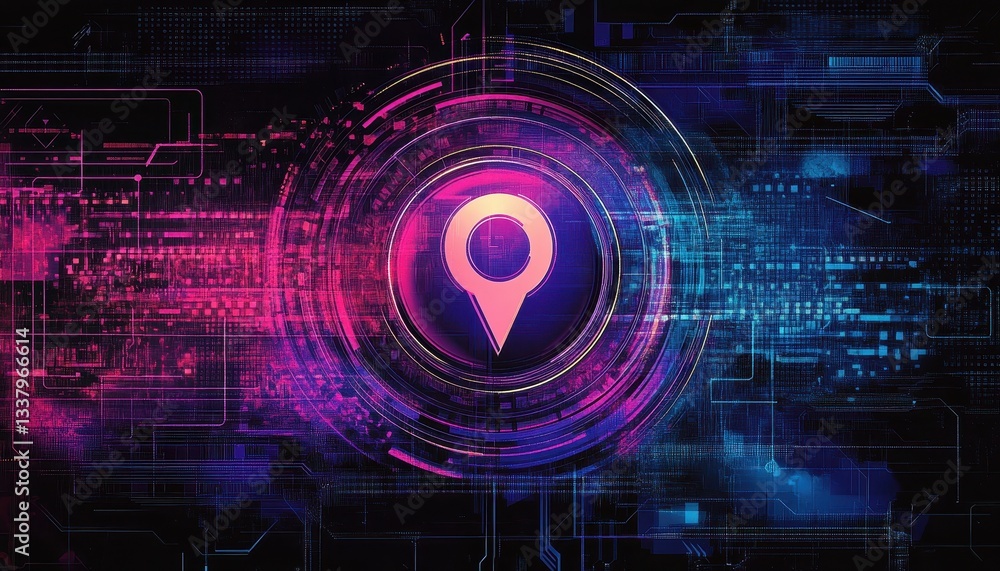 Poster Abstract Digital Location Map with Neon Glow