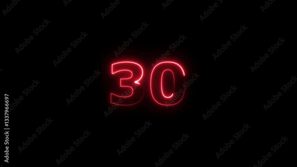 Poster neon text 30 number countdown icon background 4k animation .neon number 30 with alpha channel, neon 