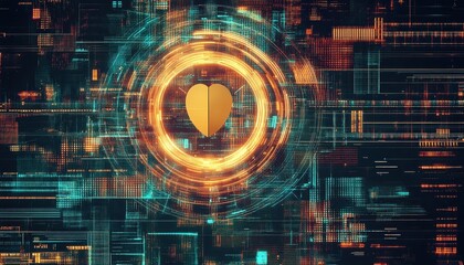 Abstract Digital Shield Glowing with Energy in Dark Teal and Orange