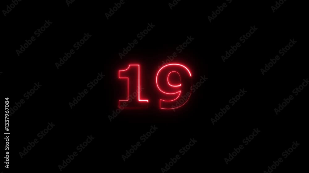 Poster neon text 19 number countdown icon background 4k animation .neon number 19 with alpha channel, neon 