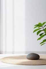 Serene Indoor Space with Smooth Rock and Green Plant Accents