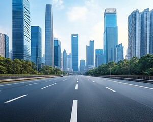 Fototapeta premium Towering office buildings line the wide asphalt highway that runs along