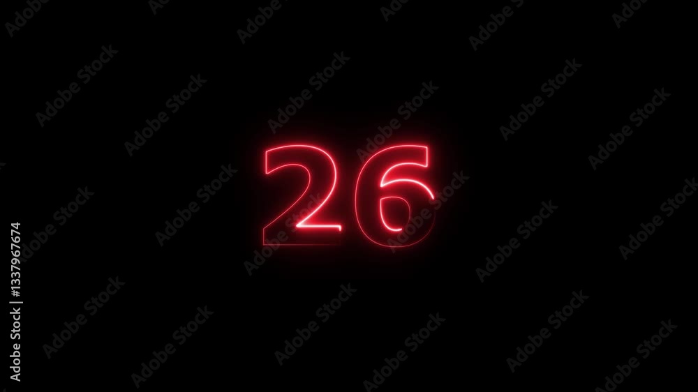 Poster neon text 26 number countdown icon background 4k animation .neon number 26 with alpha channel, neon 