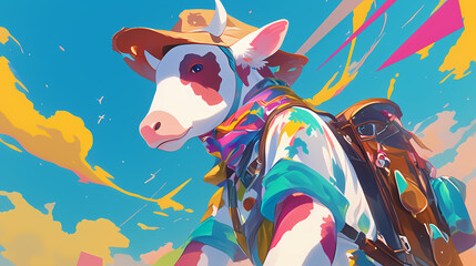 Naklejka premium cute character Cow With Hat and Suspenders colorful illustration