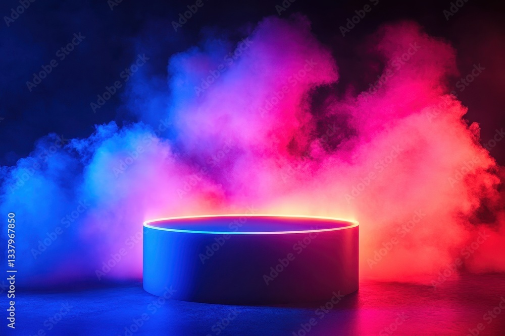 Poster circular platform illuminated by neon lights in a smoky environment