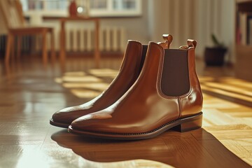 A pair of high-end dress shoes resting on a polished mahogany desk.