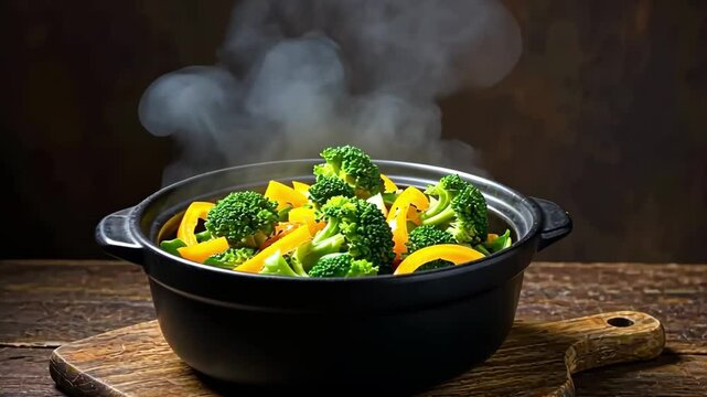 Steaming broccoli and yellow bell peppers in a black pot on a wooden board surface view from front