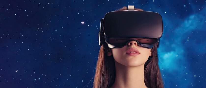 A woman wearing a virtual reality headset gazes upwards, surrounded by a starry cosmic background, embodying the immersive experience of VR technology.