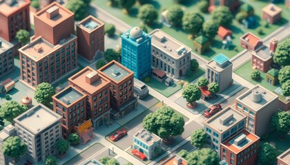 Obraz premium Isometric Cityscape: Low Poly Buildings, Urban Scene, Summer