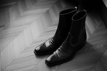 A pair of high-end dress shoes resting on a polished mahogany desk.