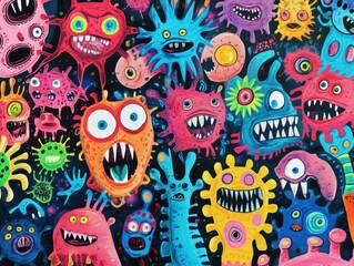 Fototapeta premium Colorful Cartoon Monsters Illustration Dark Background