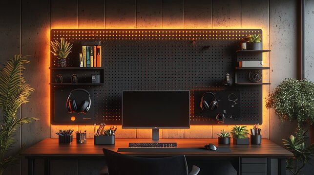 A contemporary workspace with a dark walnut pegboard, stylishly arranged with sleek office supplies, headphones, and vibrant succulents, illuminated by cool LED lighting,