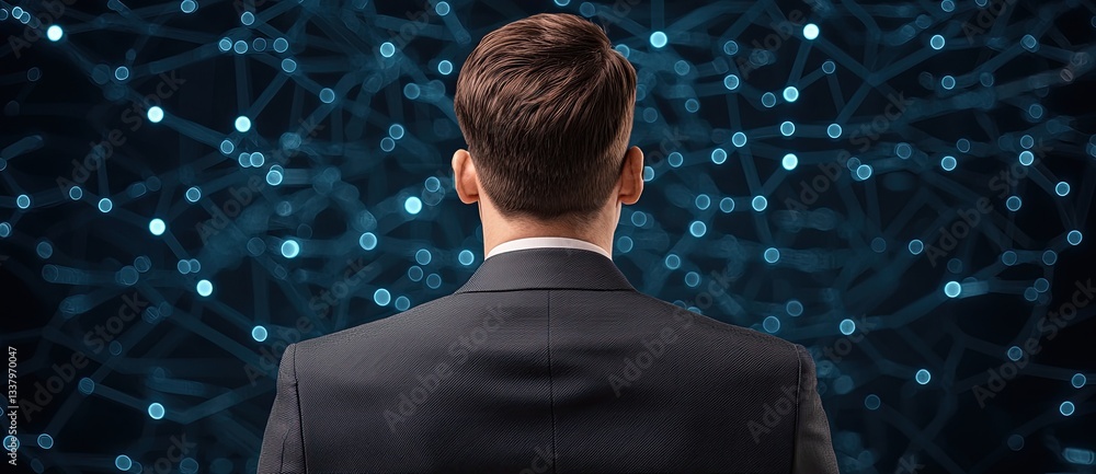 Poster a professional-looking individual stands with their back to the viewer, facing a digital network of 