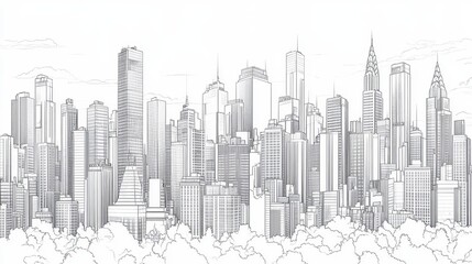 Fototapeta premium Monochromatic Cityscape Architectural Line Art of a Modern Metropolis