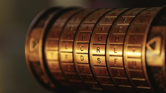 Cryptex word code puzzle with word 'secret' shown in mysterious glow CLOSE-UP