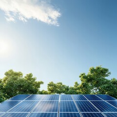 Solar Panels Beneath Blue Sky with Green Trees in Natural Setting