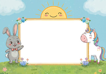 Fototapeta premium funny kids background with cute animals in fantasy style, mockup with space for text . Generative AI