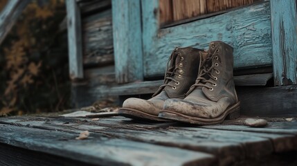 An old pair of hiking boots with mud stains, placed on rocky terrain. 
