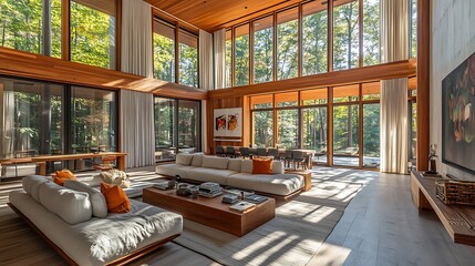 A high-ceiling living room with vertical wooden slats extending from floor to ceiling, creating a dramatic and modern architectural feature, paired with large windows and natural light. --ar 16:9