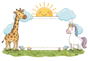 Fototapeta premium funny kids background with cute animals in fantasy style, mockup with space for text . Generative AI