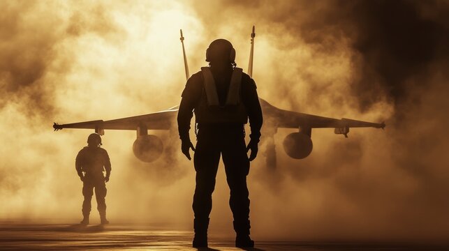 Dramatic Silhouette of Fighter Pilots in Top Gun Style Beside a Jet in Mysterious Smoke with a Jaguar Bomber
