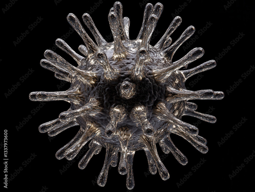 Aufkleber microscopic 3d render of metallic virus with spikes on dark background