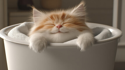 Sleeping cat in white bowl, fluffy fur, peaceful expression, cozy setting