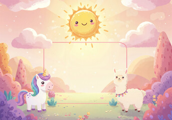 Fototapeta premium funny kids background with cute animals in fantasy style, mockup with space for text . Generative AI