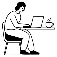 Silhouette of a person sitting and working on a laptop, with a coffee cup placed beside them on the table