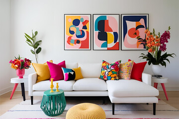 Minimalist living room with a cozy white sofa, colorful throw pillows, and bold flower arrangements. Abstract wall art and vibrant decor create a playful yet modern