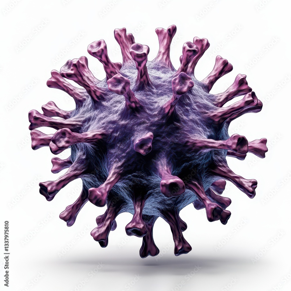 Poster purple virus 3d rendering, microscopic view of infectious agent