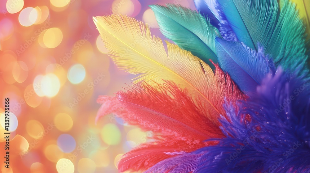 Poster rainbow colored feathers against bokeh lights background