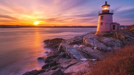 Fototapeta premium Golden Hour at Newport: Castle Hill Lighthouse Illuminates the Twilight Sea Landscape of Rhode Island