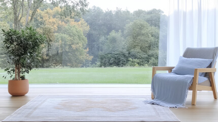 Fototapeta premium Modern interior design featuring a cozy chair and scenic nature view in the backdrop