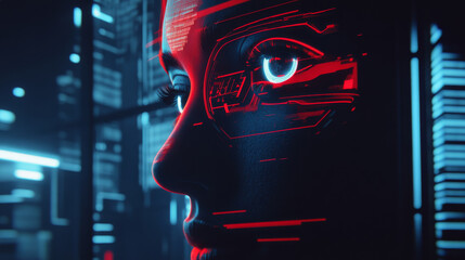 Futuristic digital face with holographic elements in neon colors