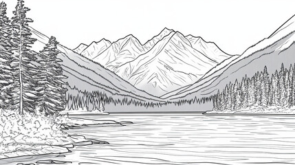 serene landscape featuring mountains, trees, and calm lake in line art style