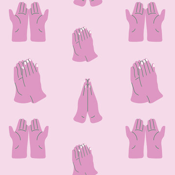 Hands Gestures and Poses Seamless Pattern Vector. Praying, Palms