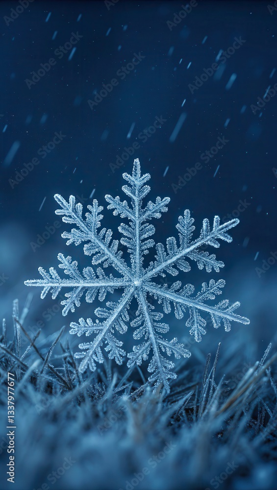 Poster Close up of a Delicate Snowflake Resting on Dark Grass in Low Light Generative AI
