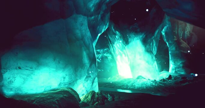 Deep within the crystal cave, a breathtaking blue green light radiates from mineral formations, casting an enchanting glow on the rocky surfaces and creating a mystical atmosphere.