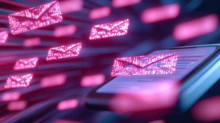 Digital email notifications floating from smartphone as glowing messages represent communication technology concept