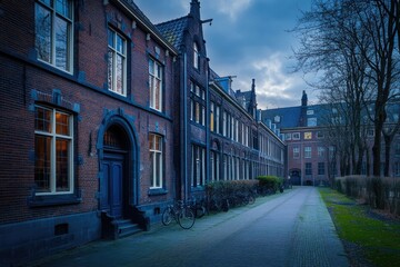 Fototapeta premium Historic Orphanage Structure in Groningen: A Glimpse of Dutch Architecture Amidst the City Landscape