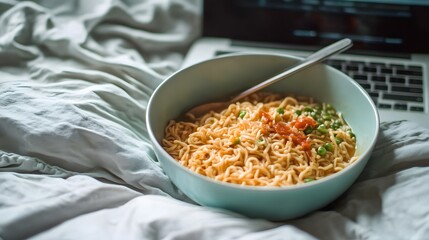 a bowl of knorr noodles sitting on a bed witha laptop, Generative AI