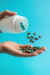 Obraz premium Hands holding blue and brown capsules against a blue background.