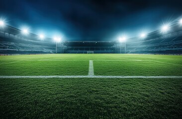 Obraz premium Empty, illuminated sports stadium at night ready for a thrilling game.