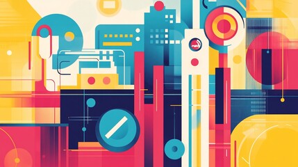 Abstract geometric cityscape with colorful shapes and lines in a flat design