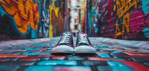 A pair of vintage sneakers displayed on a wooden table with natural light. 