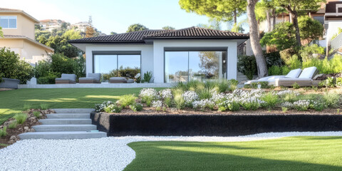 Obraz premium Modern home with beautiful landscaping and tranquil outdoor space in bright daylight
