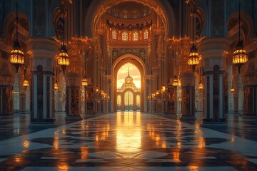 Obraz premium Grand Hall with Glowing Lanterns and Sunset Reflections