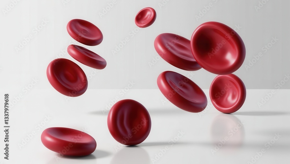 Poster 3d concept cell anatomy biological. floating red discs creating a dynamic visual effect.